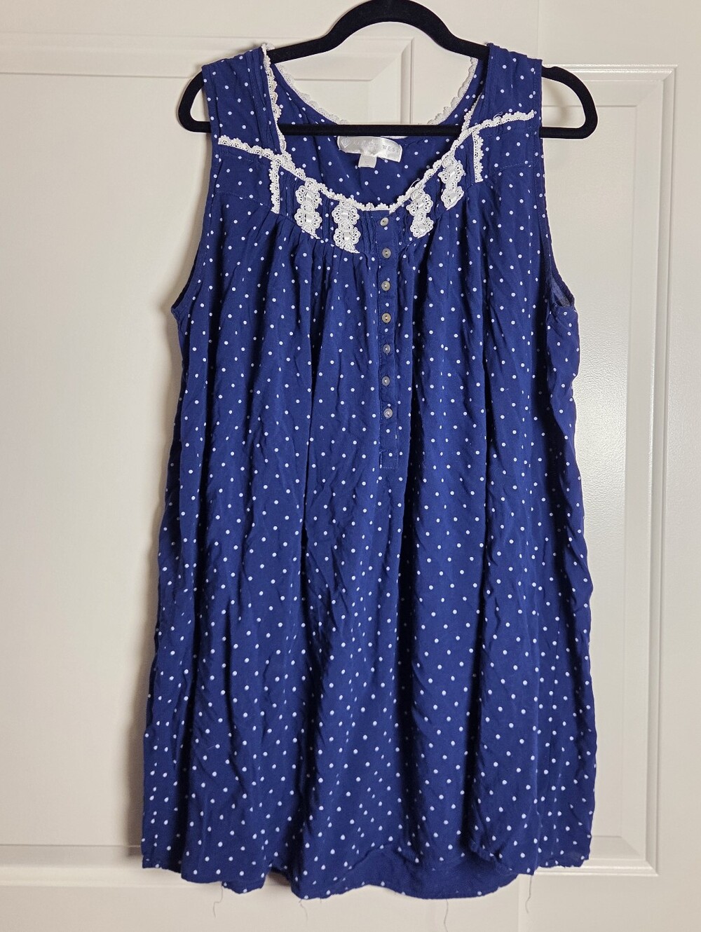Eileen West Nightgown Sleep Shirt Blue Polka Dot White Lace Button Sleeveless XL